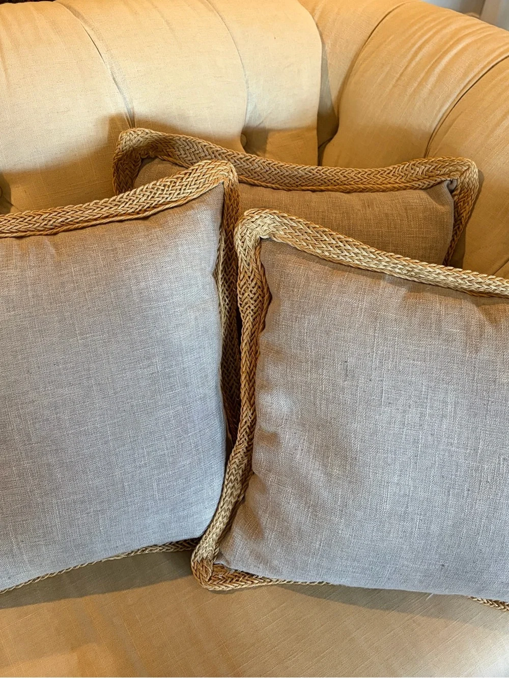 Canaan Company EUC Neutral Linen Throw Pillow with Braided Trim - Set of 3